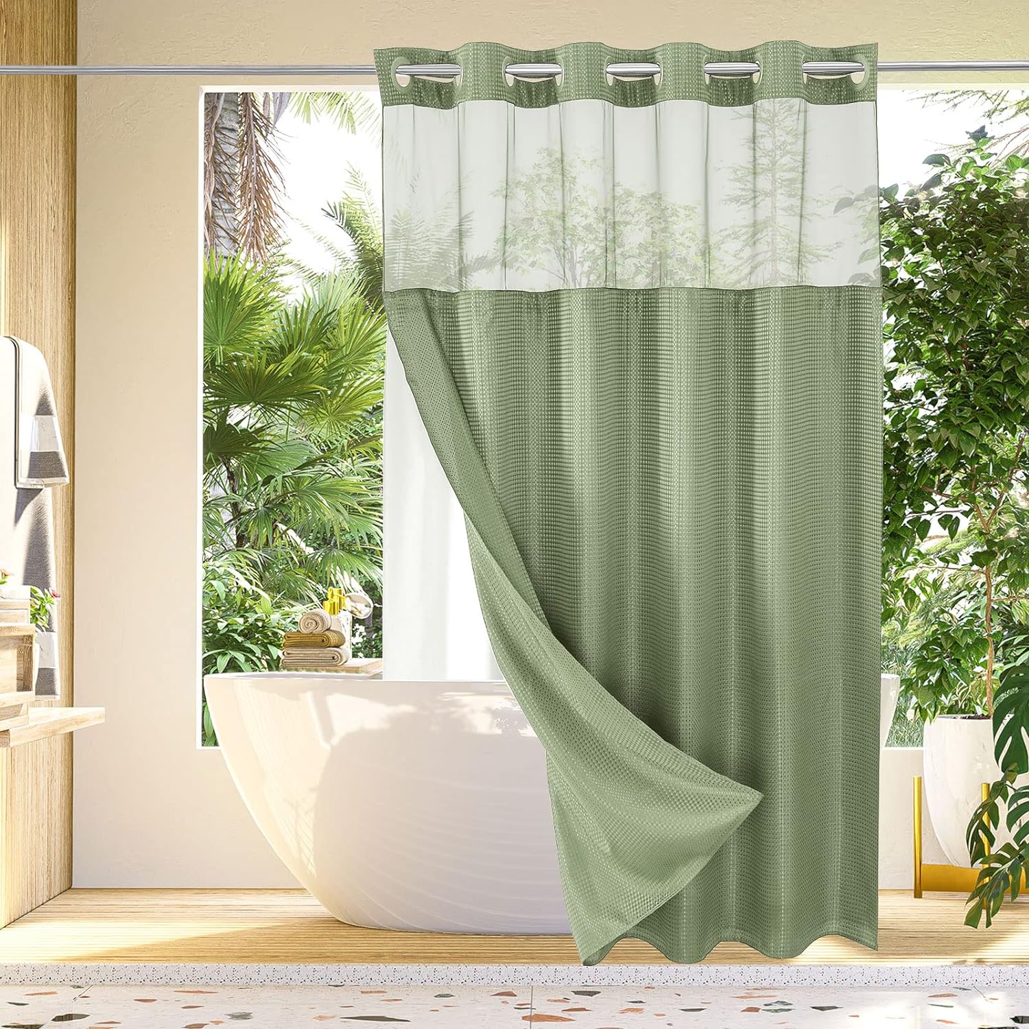 Gibelle Sage Green Waffle Weave Shower Curtain Set