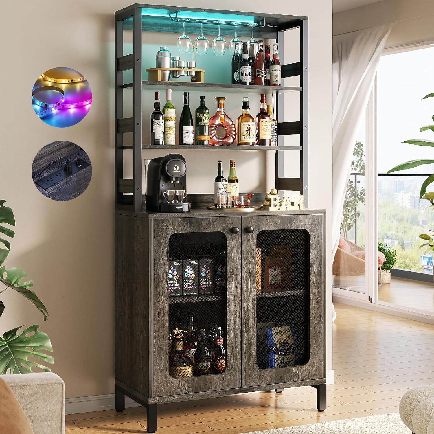 67 Tall Bar Cabinet with Power Outlets & LED Lights