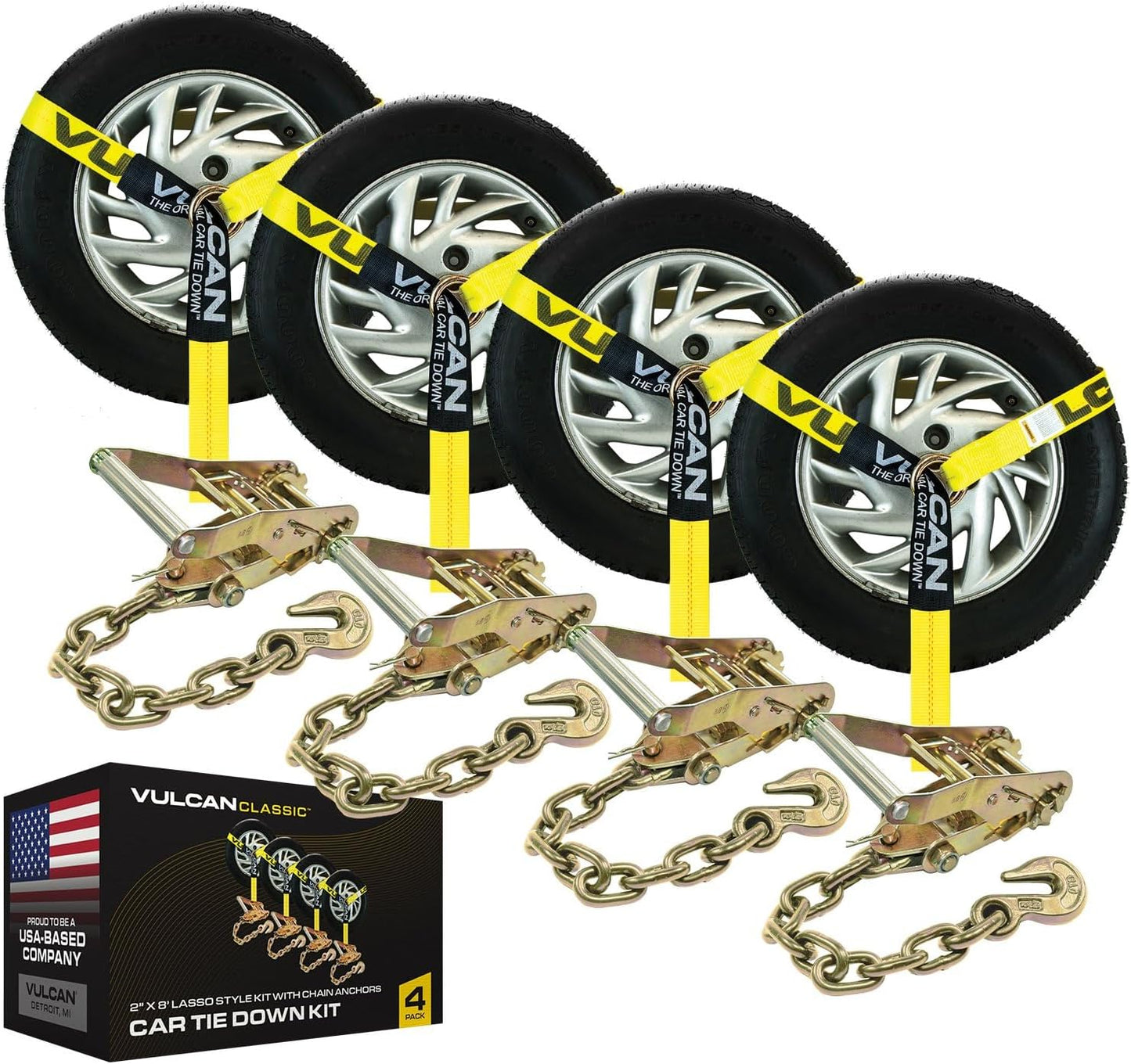 VULCAN Car Tie Down with Chain Anchors - Heavy Duty 2 Inch Straps