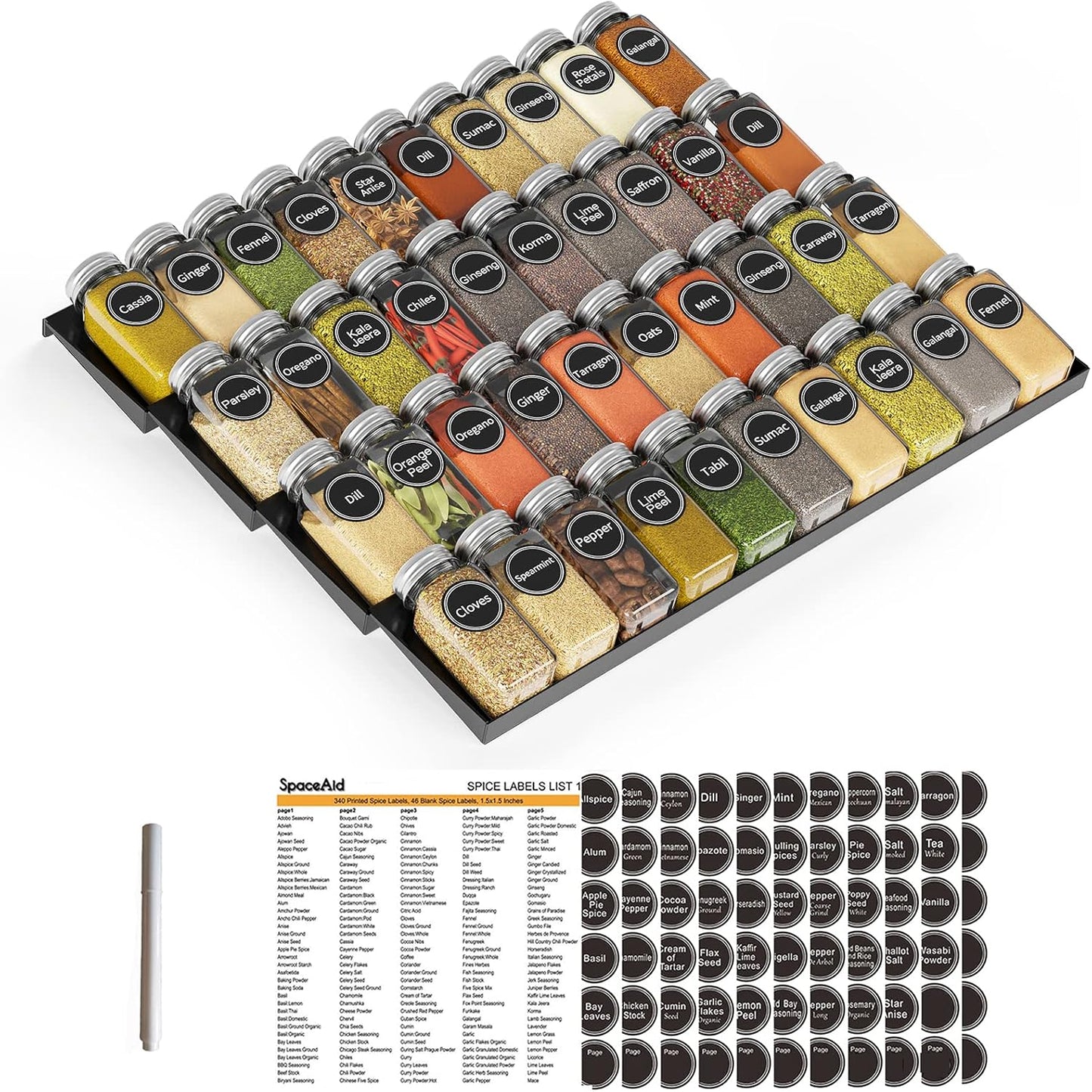 SpaceAid Spice Drawer Organizer with 40 Jars and Labels Set