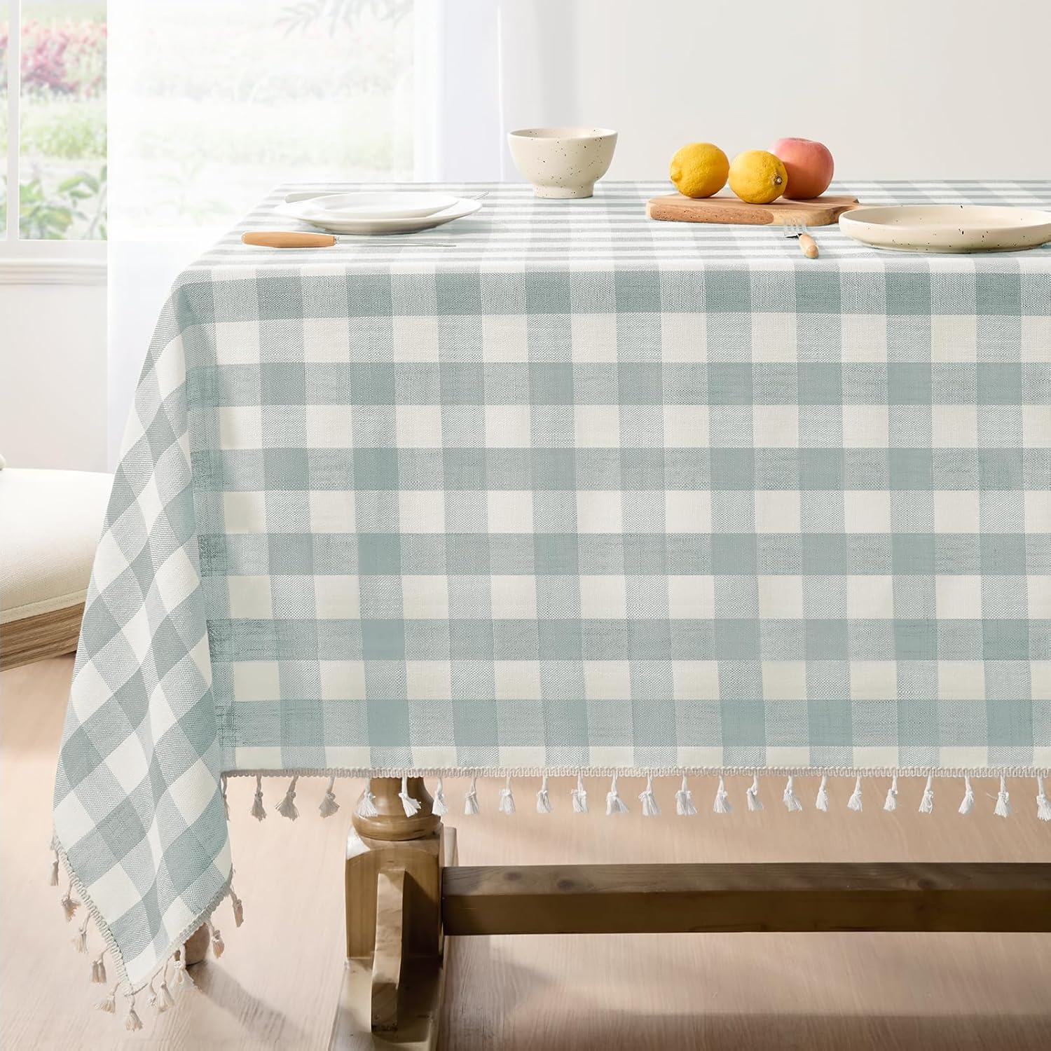 Checkered Tablecloth Rectangle with Tassels for Dining and Parties