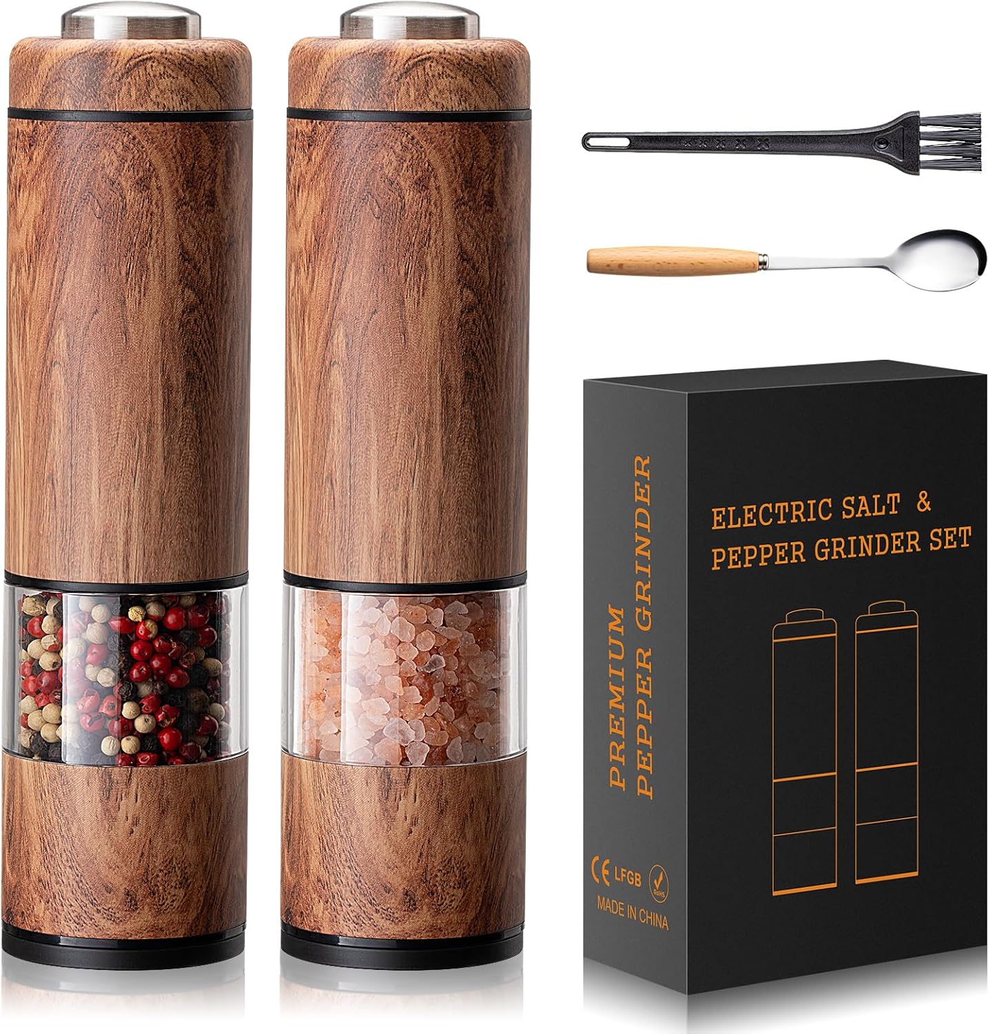 Electric Salt and Pepper Grinder Set with One Handed Operation