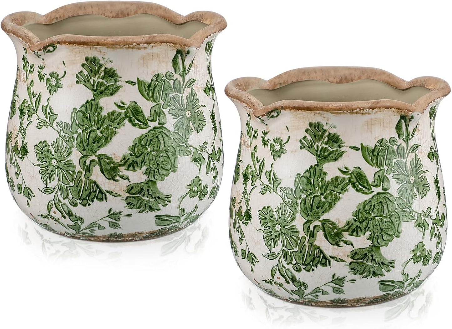 Newtay 2 Pcs Ceramic Planter 6 Inch Green Scroll Decorative Pots