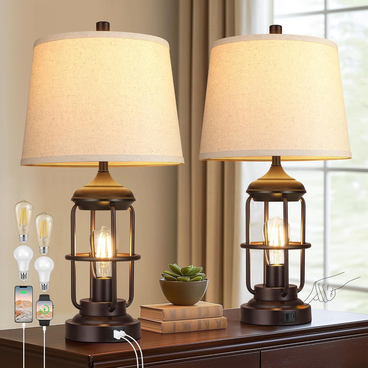 Rustic Industrial Table Lamp Set of 2 with USB Ports and Night Light