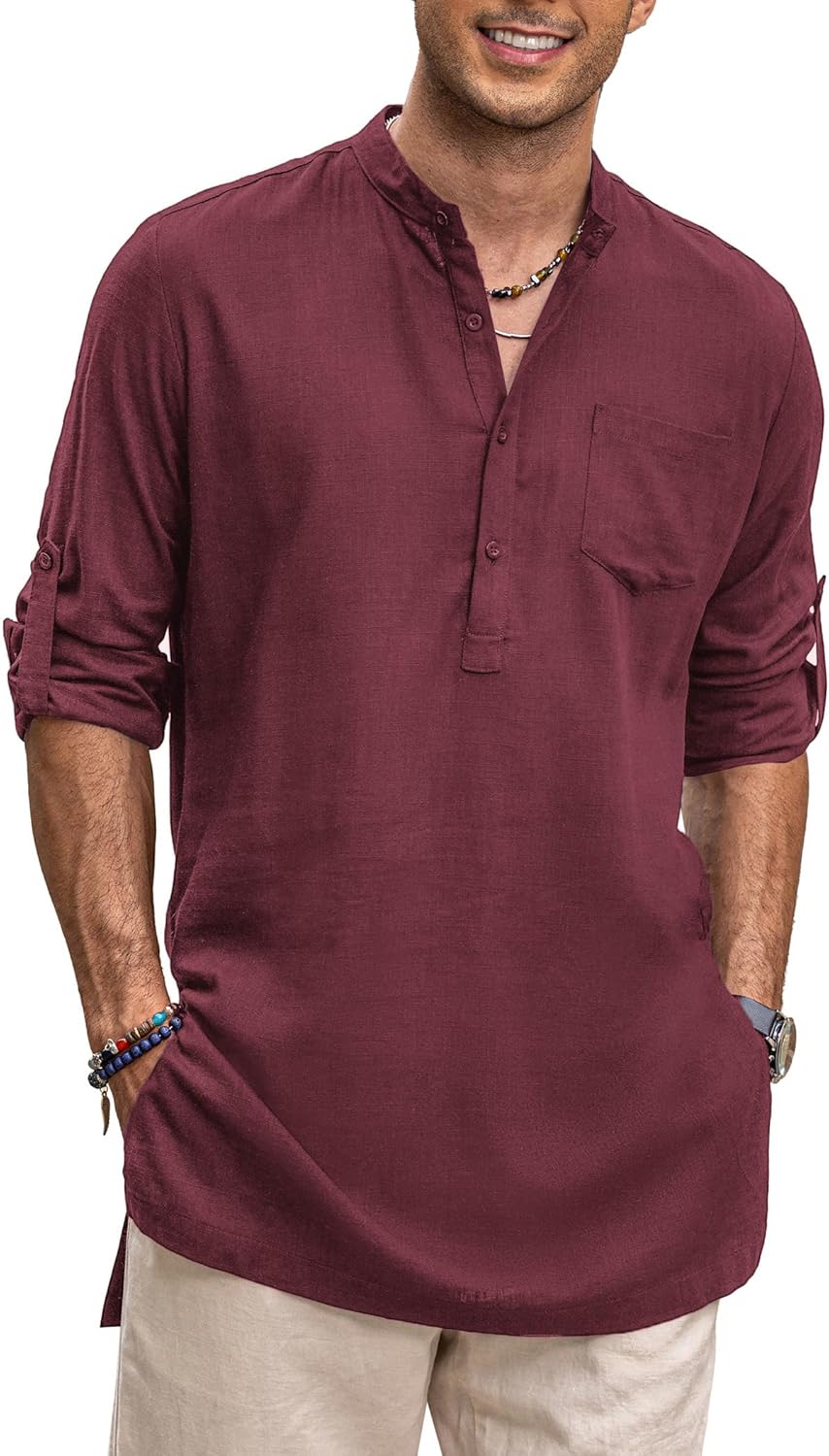 COOFANDY Men's Linen Henley Shirts for Casual Summer Style