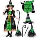 Green Glitter Witch Costume for Girls - Deluxe Dress & Hat Set