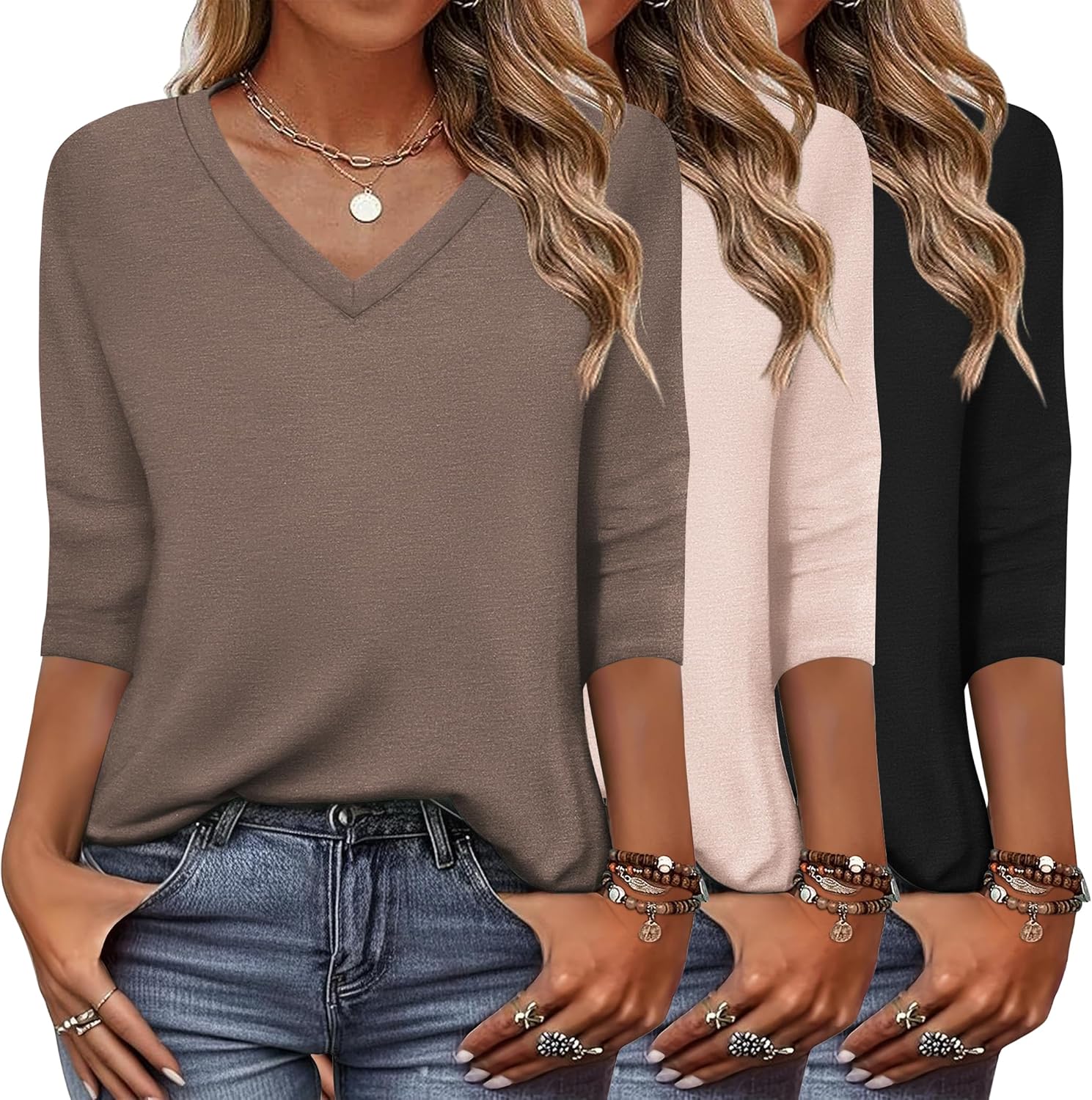 Zeagoo Women's 3 Pack V Neck 3/4 Sleeve Casual Tees for Fall
