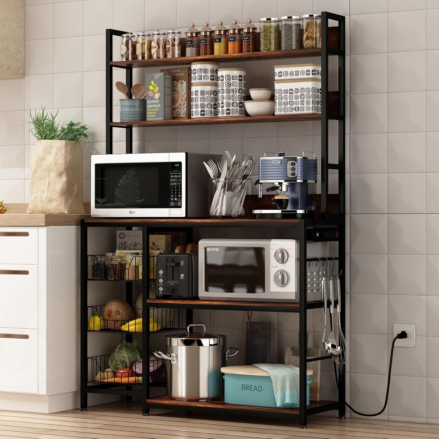 Vintage Brown Bakers Rack with Power Outlet - 5-Tier Kitchen Shelf