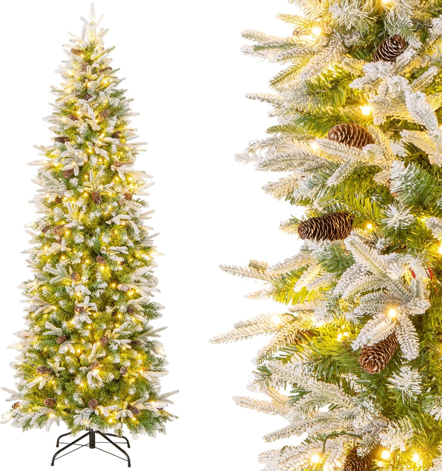 7.5 FT Pre-lit Flocked Pencil Christmas Tree with LED Lights