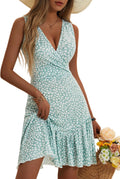 Women's Summer Sleeveless Floral Wrap V Neck Mini Dress - Flattering