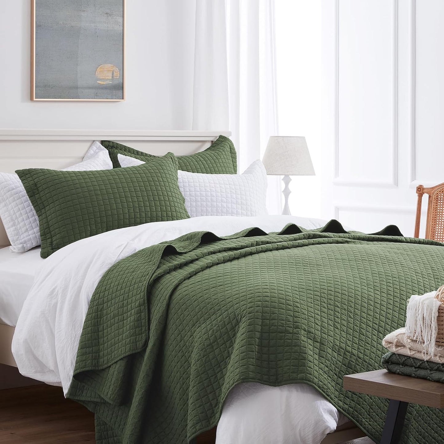 Olive Green Quilt King Size Lightweight Bedspread for All Seasons