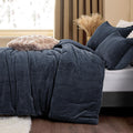 Fluffy Twin Comforter Set - Furry Navy Blue Leaves Pattern Twin