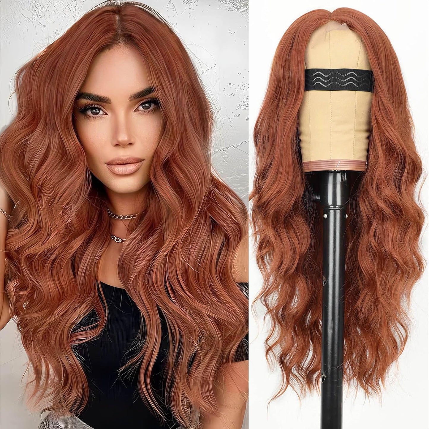 Auburn Wigs for Women - Long Wavy Lace Hairline Synthetic Wig
