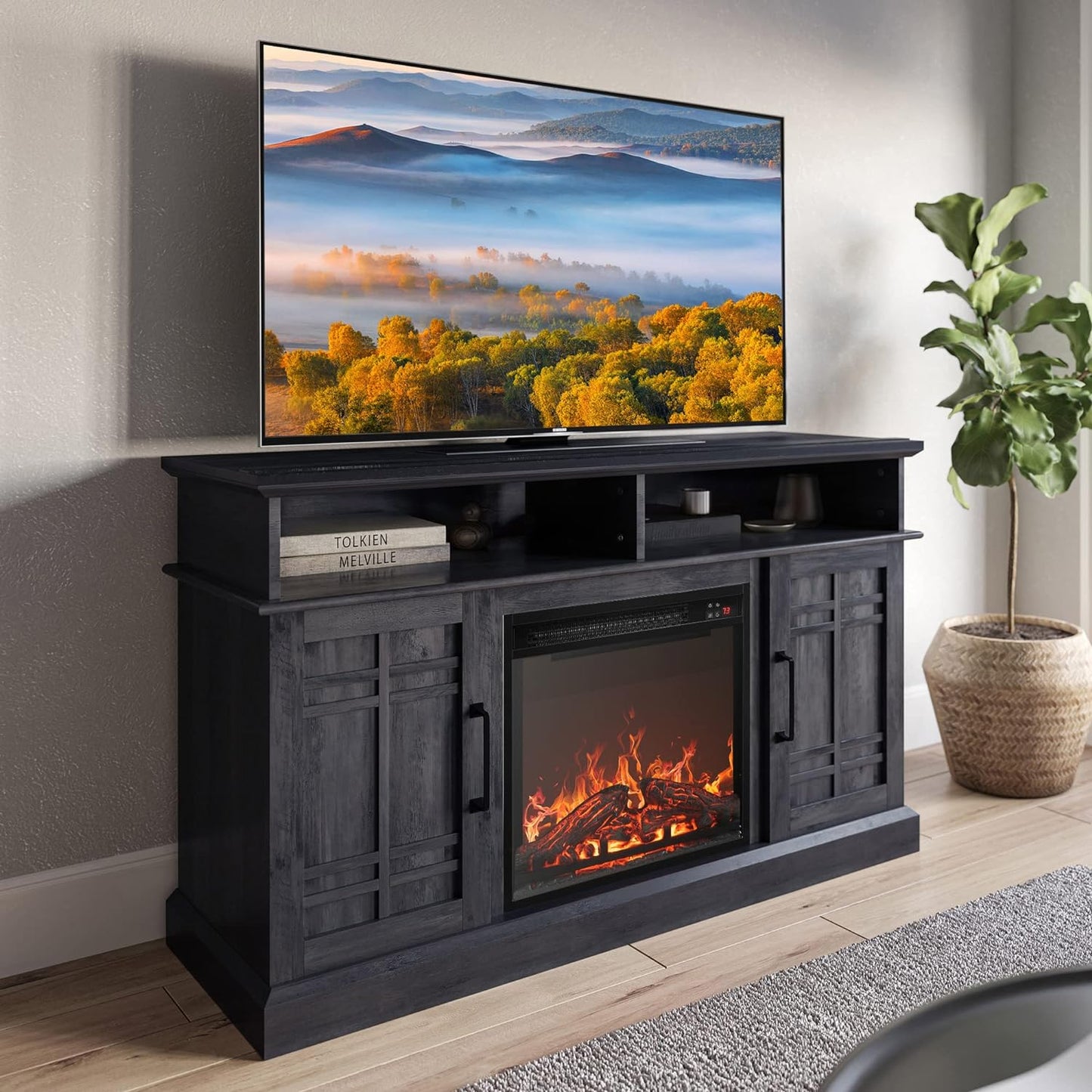 Modern TV Stand with Electric Fireplace - Rustic Grey