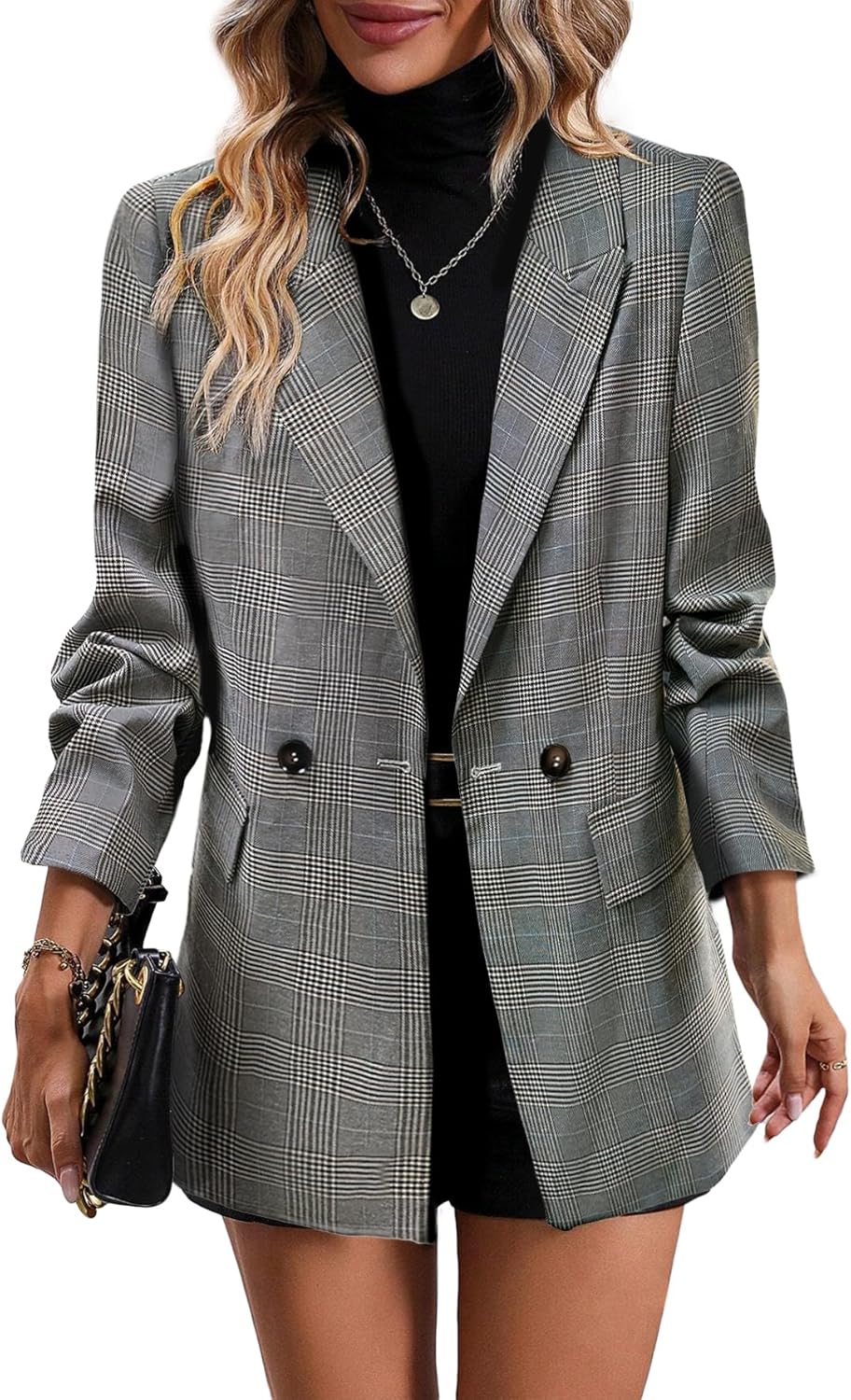 Mina Self Women's Plaid Houndstooth Blazer Jacket for Work