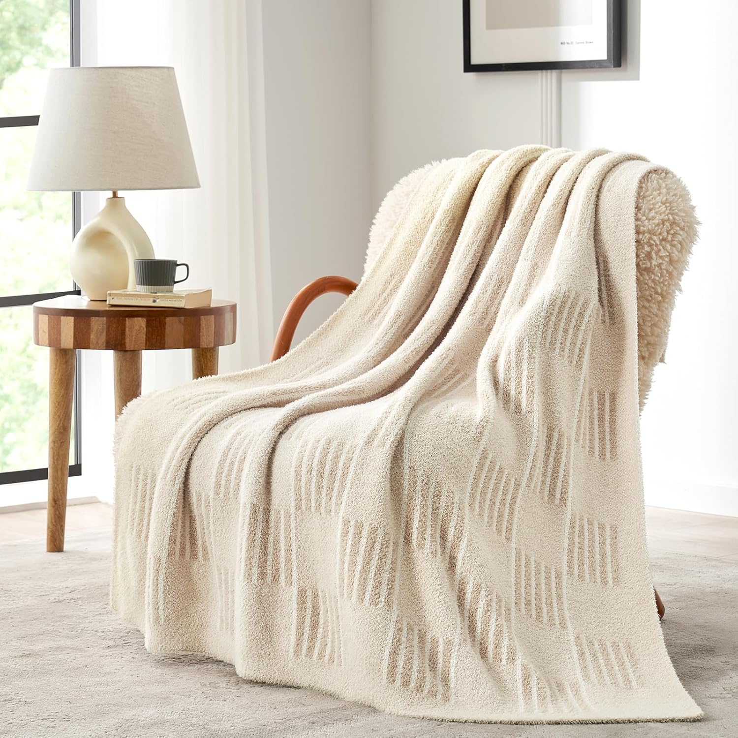 Snuggle Sac Cream Checkered Throw Blanket for Cozy Comfort