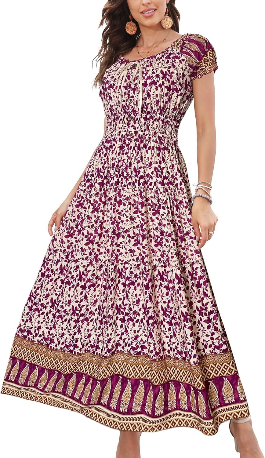 Boho Floral Print Tiered Casual Maxi Dress for Women