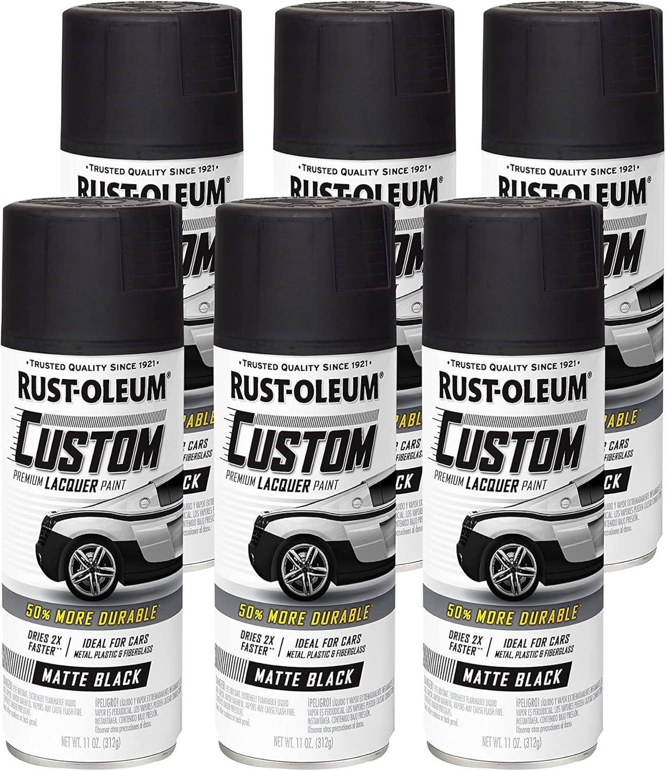 Rust-Oleum Automotive Custom Lacquer Spray Paint, 6 Pack, Matte Black