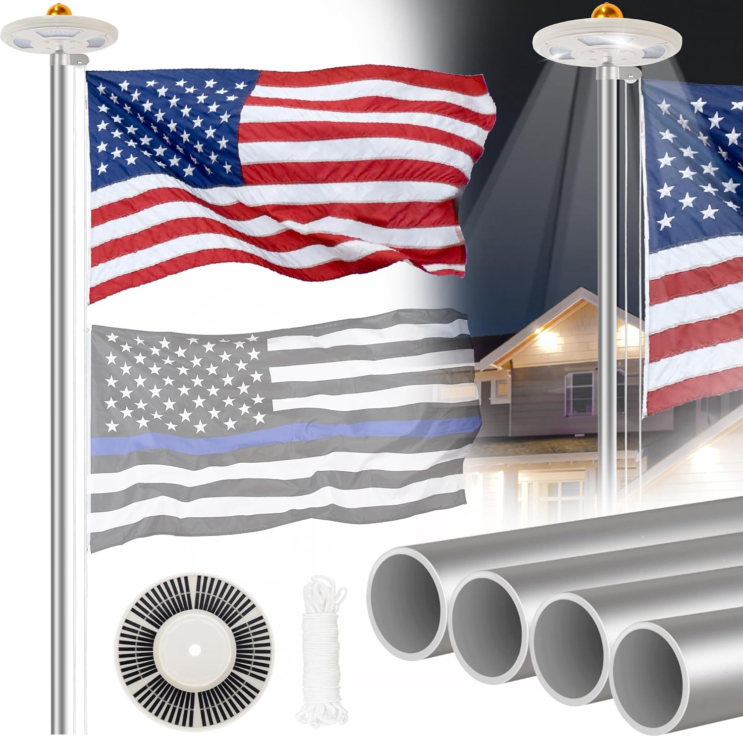 25FT Sliver Flag Pole Kit with Solar Light by DANF FLAG