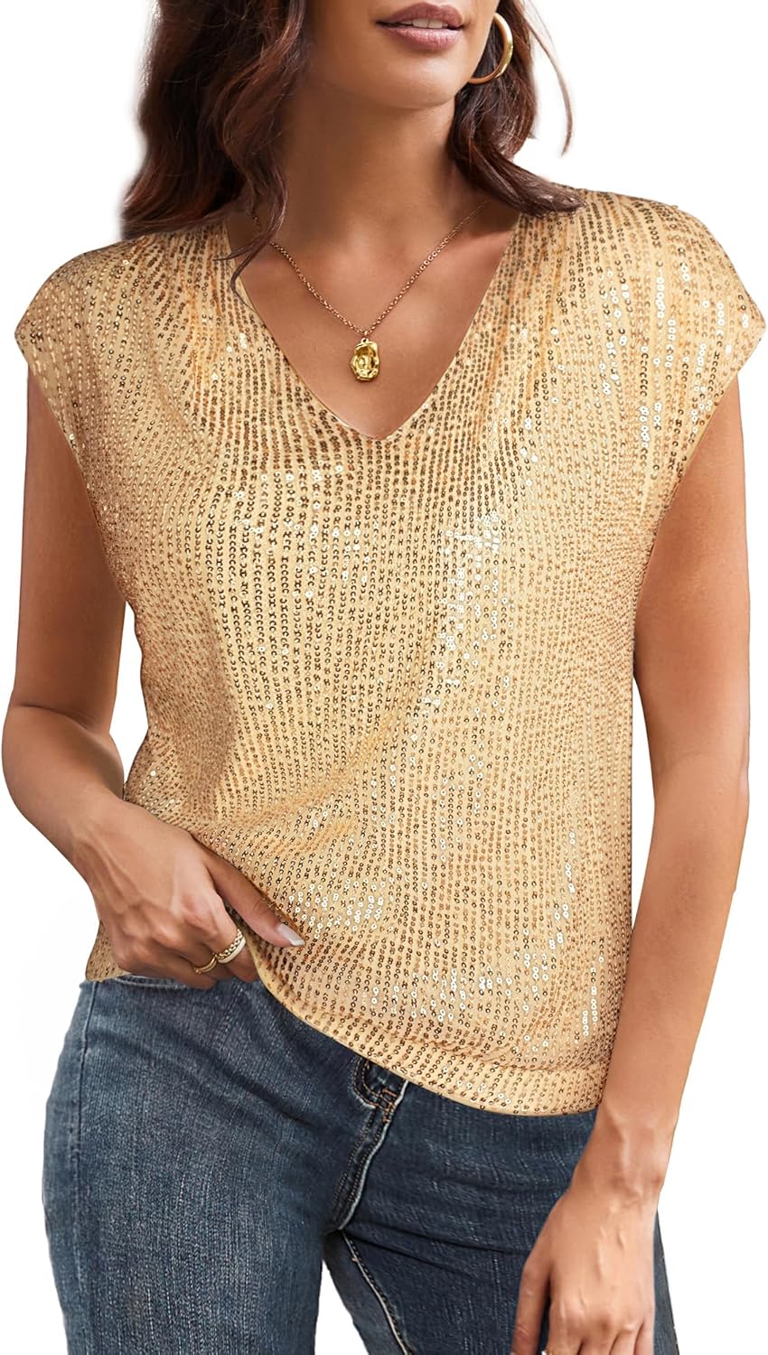 Dazzling V Neck Sequin Short Sleeve Tops for Women Parties