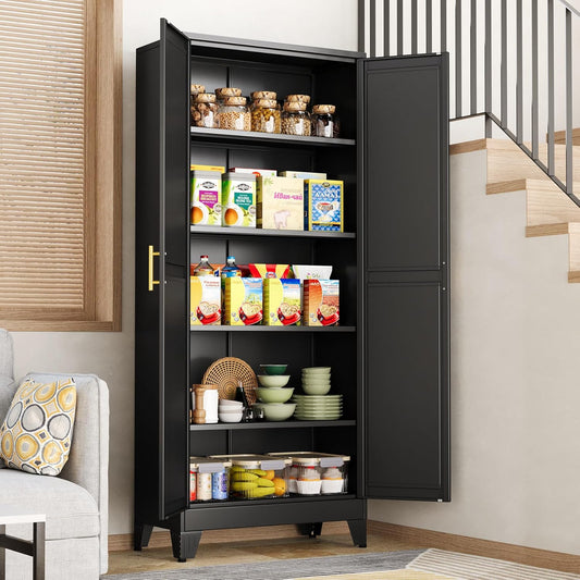 Black Pantry Storage Cabinet with 4 Adjustable Shelves for Home