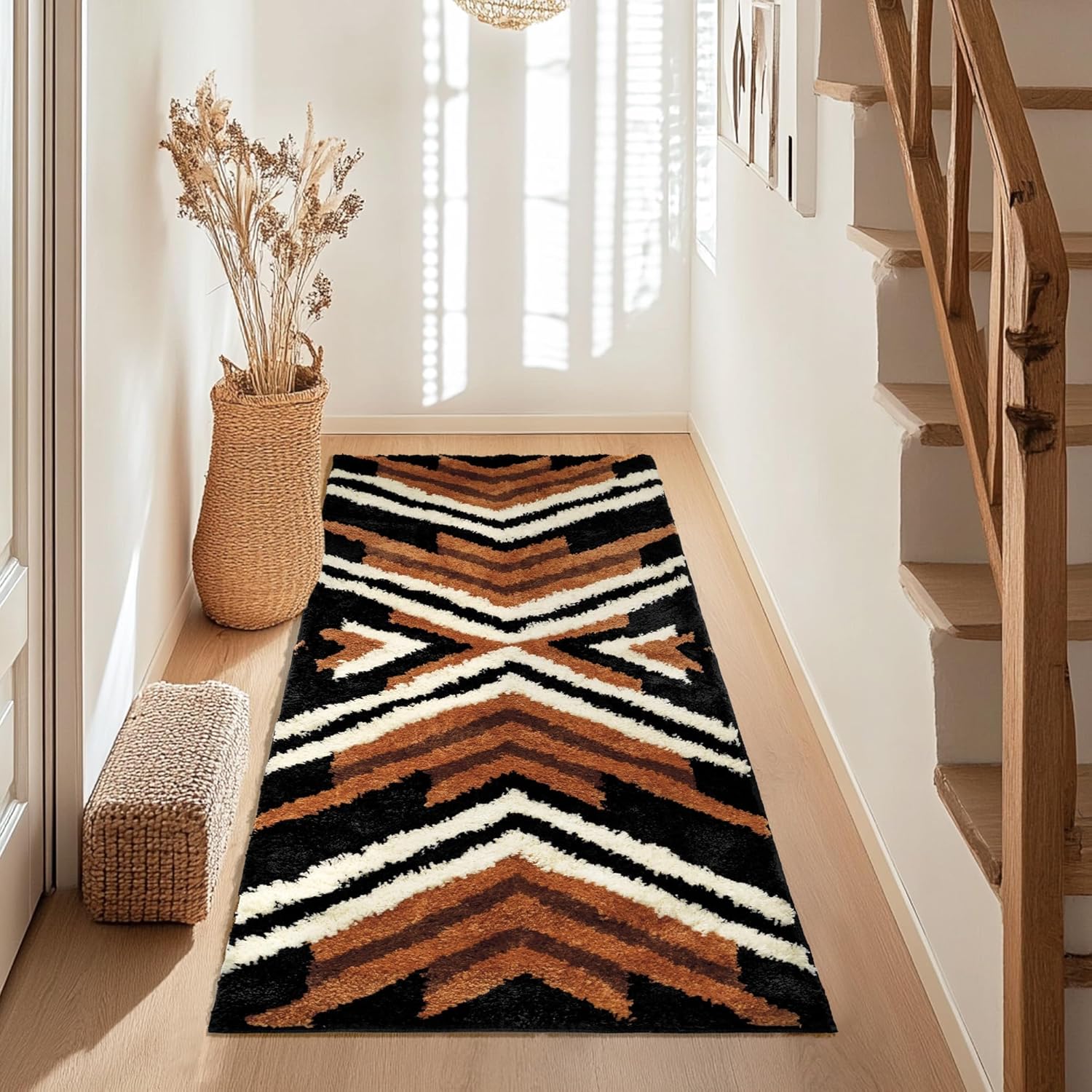 Black Boho Long Bathroom Rugs Runner Non Slip Washable Mats