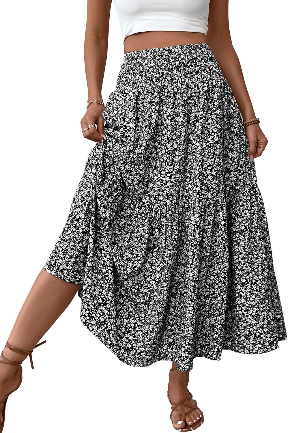 Women's Smocked High Waist Maxi Skirt with Pockets for Style