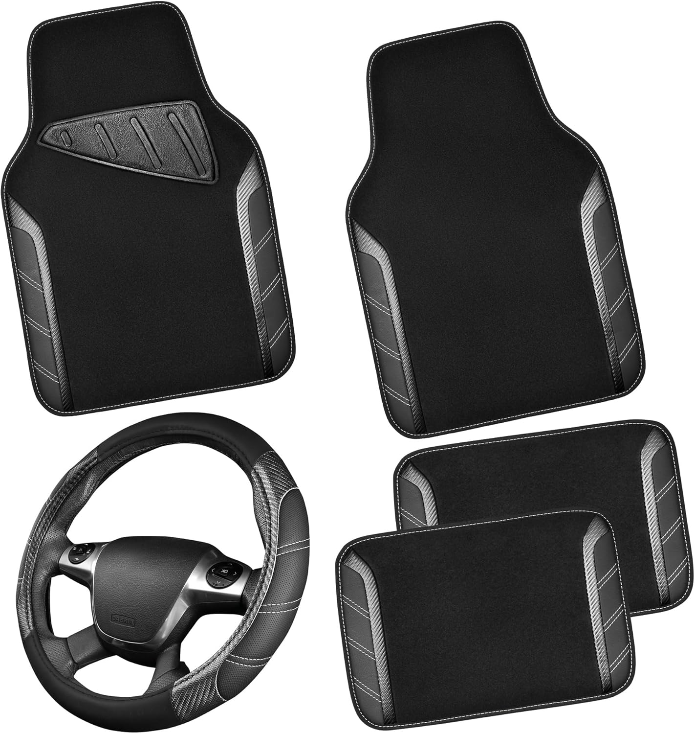 CAR PASS Leather Steering Wheel Cover and Floor Mats Combo