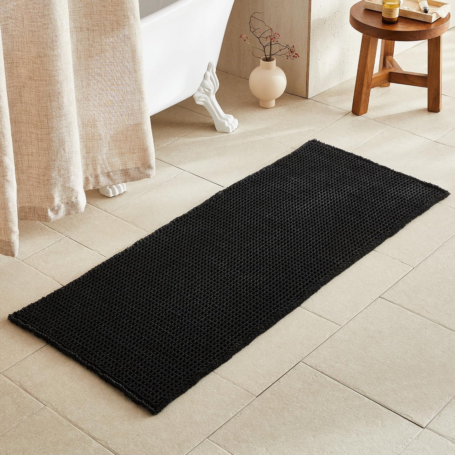 Black Long Bathroom Rug, Waffle Runner Rug for Cozy Decor