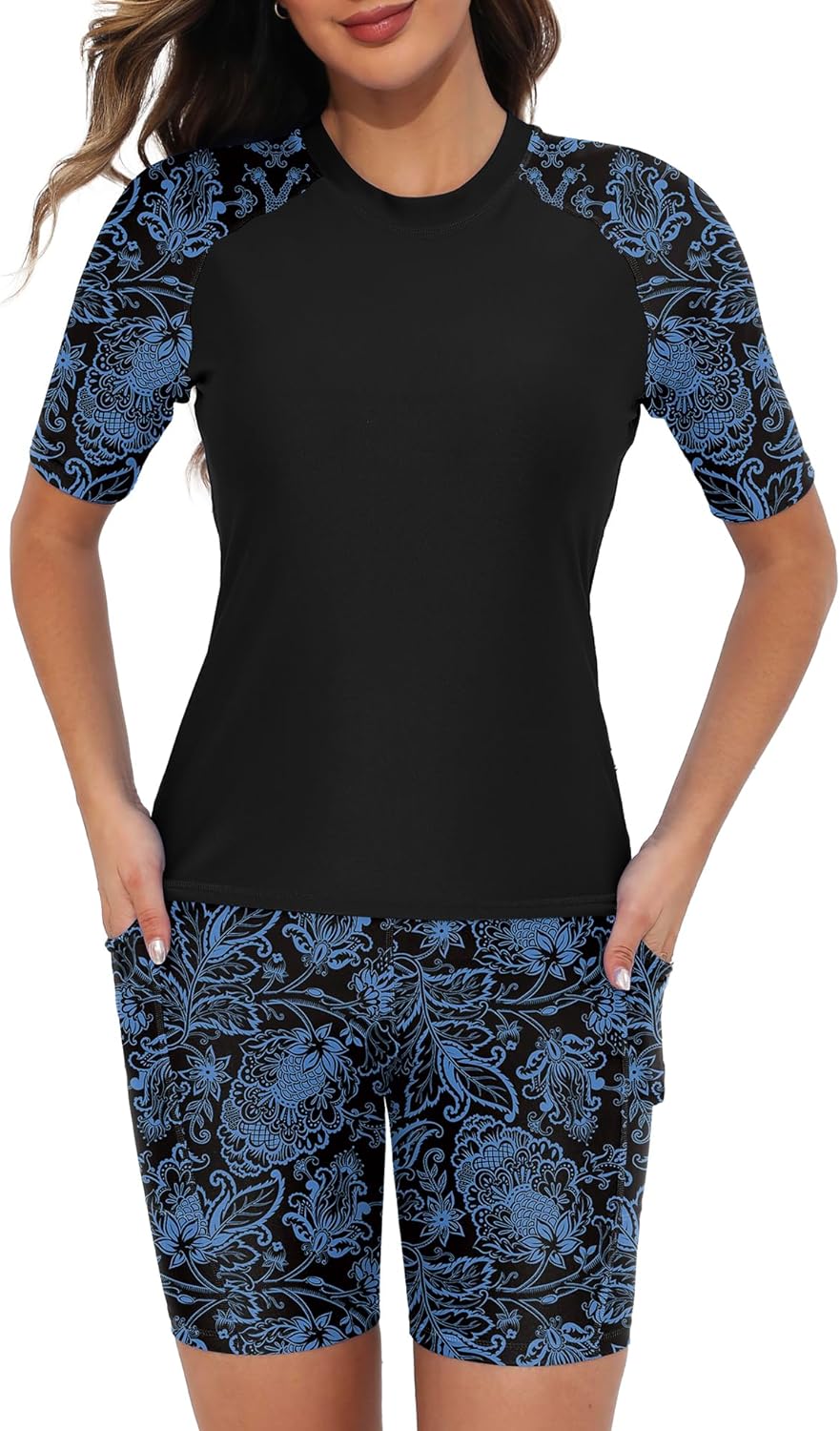 Tournesol Women's Two Piece Rash Guard Swim Set with Pockets