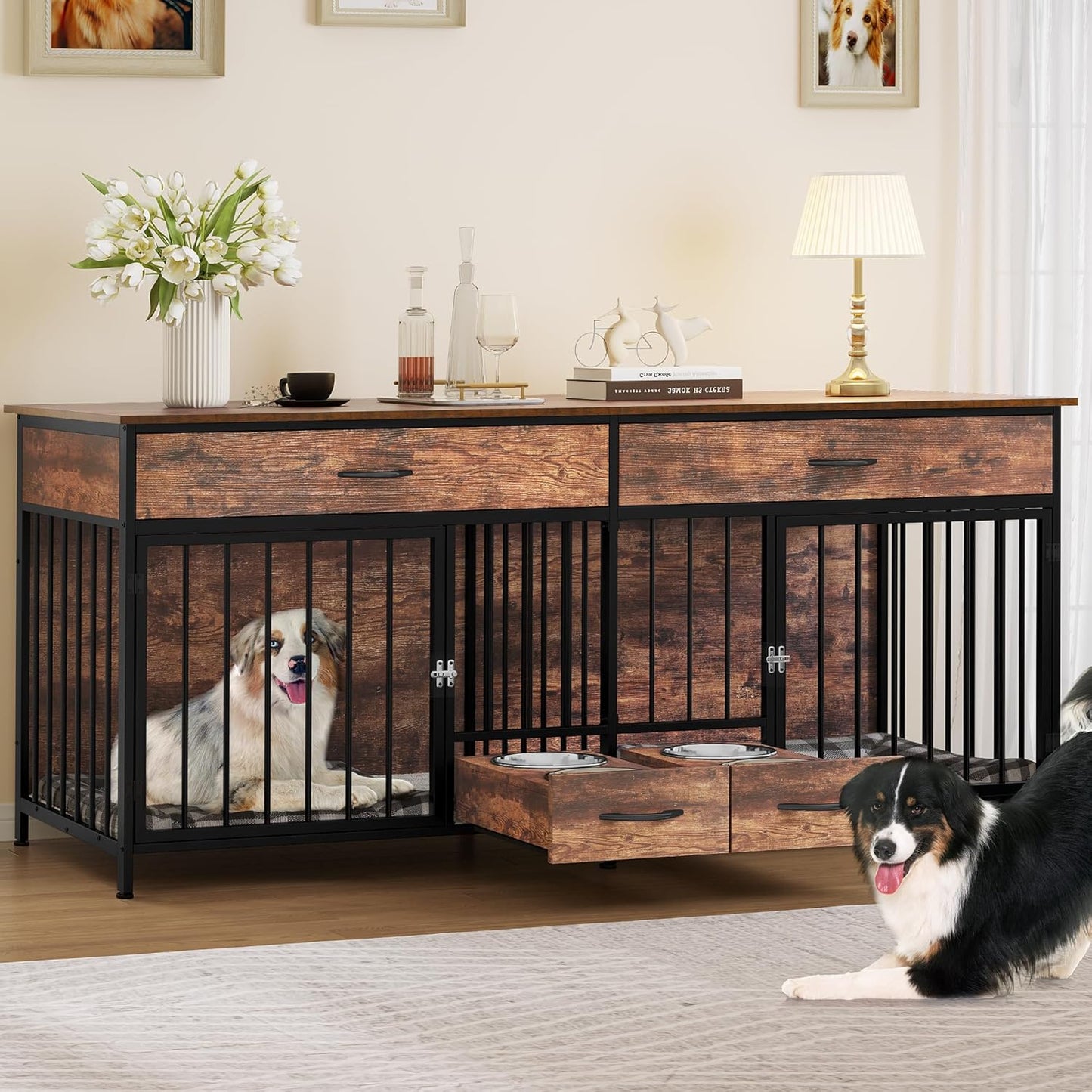 YITAHOME Double Dog Crate Furniture with Feeder for Large Dogs