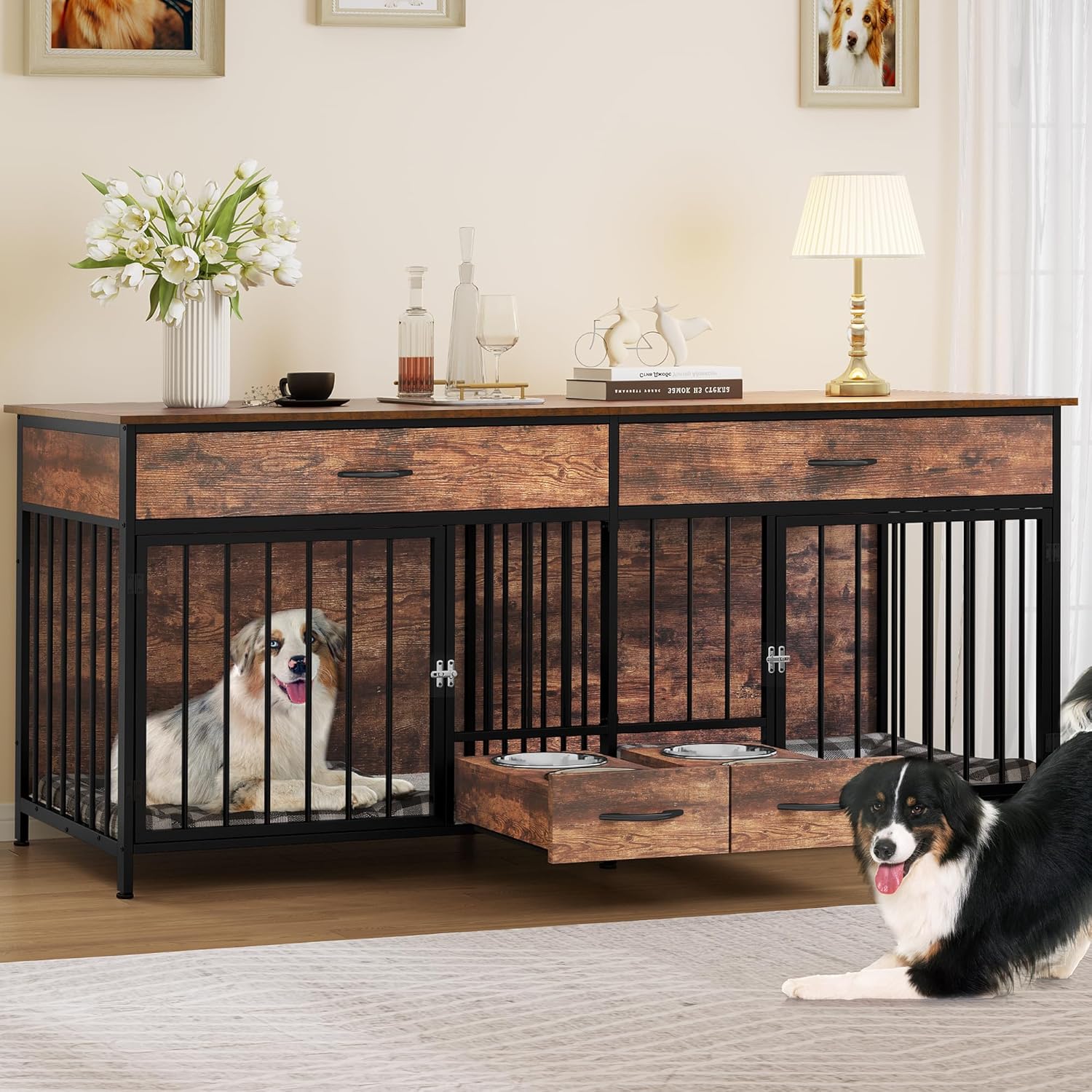 YITAHOME Double Dog Crate Furniture with Feeder for Large Dogs