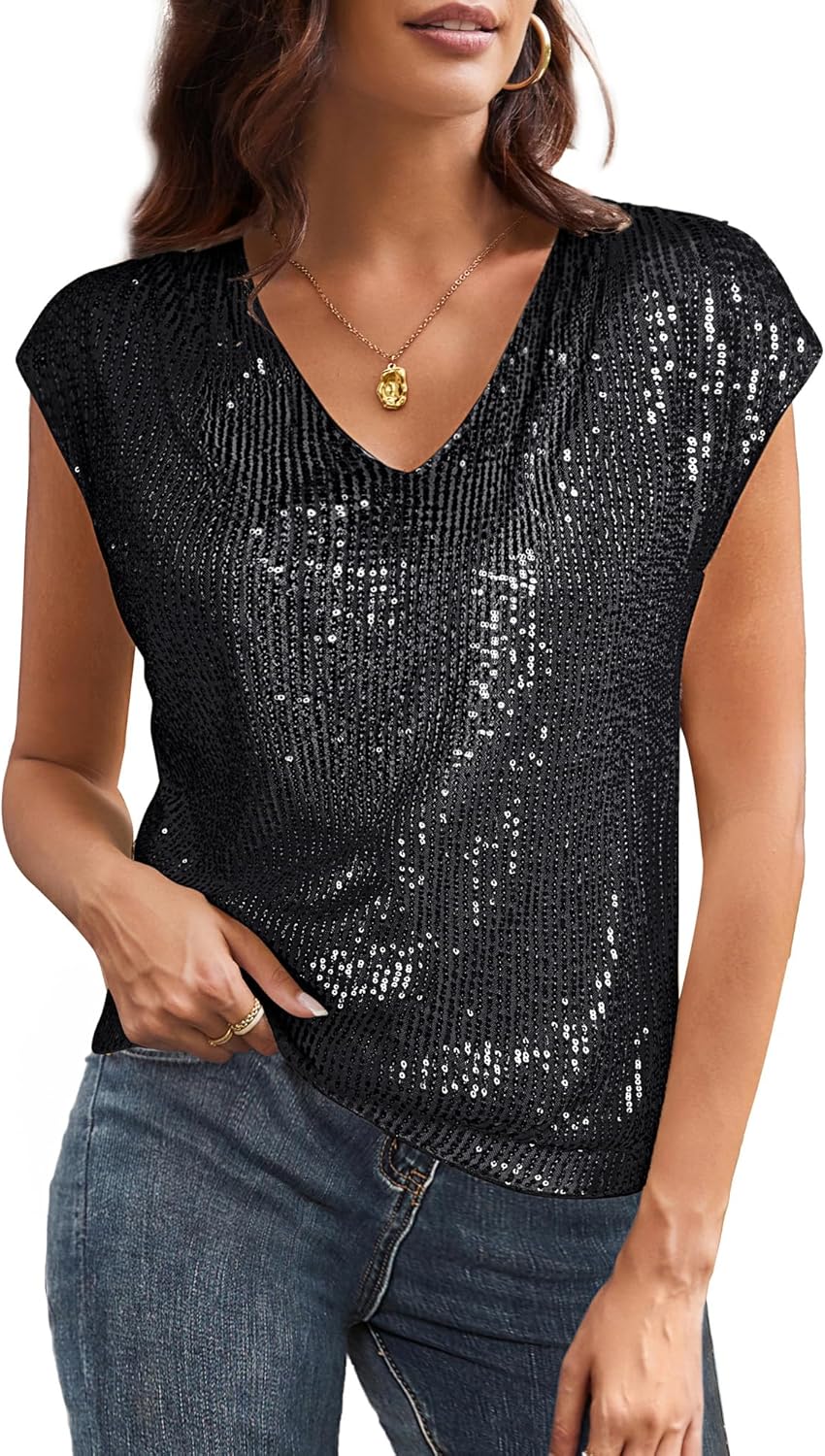 Dazzling V Neck Sequin Short Sleeve Tops for Women Parties