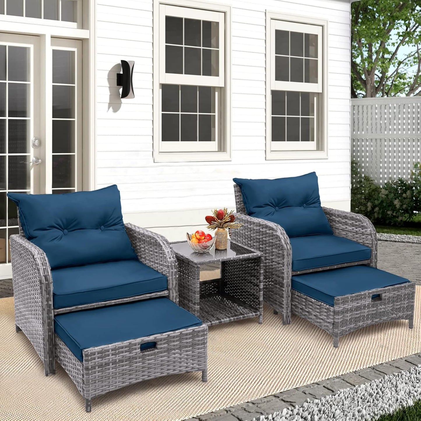 5 Pieces Wicker Outdoor Patio Chairs Set with Ottoman for Elegance