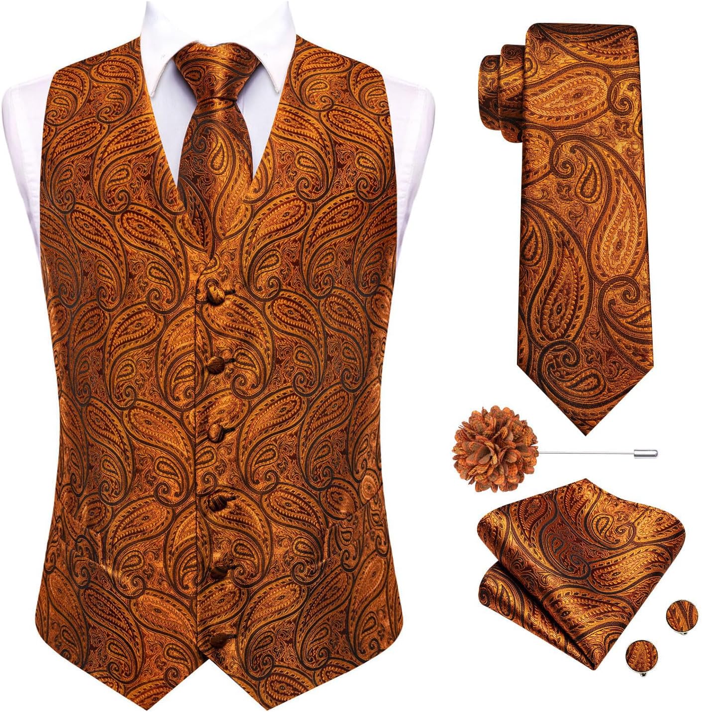 Hi-Tie Mens Silk Suit Vest Set for Formal Weddings and Events