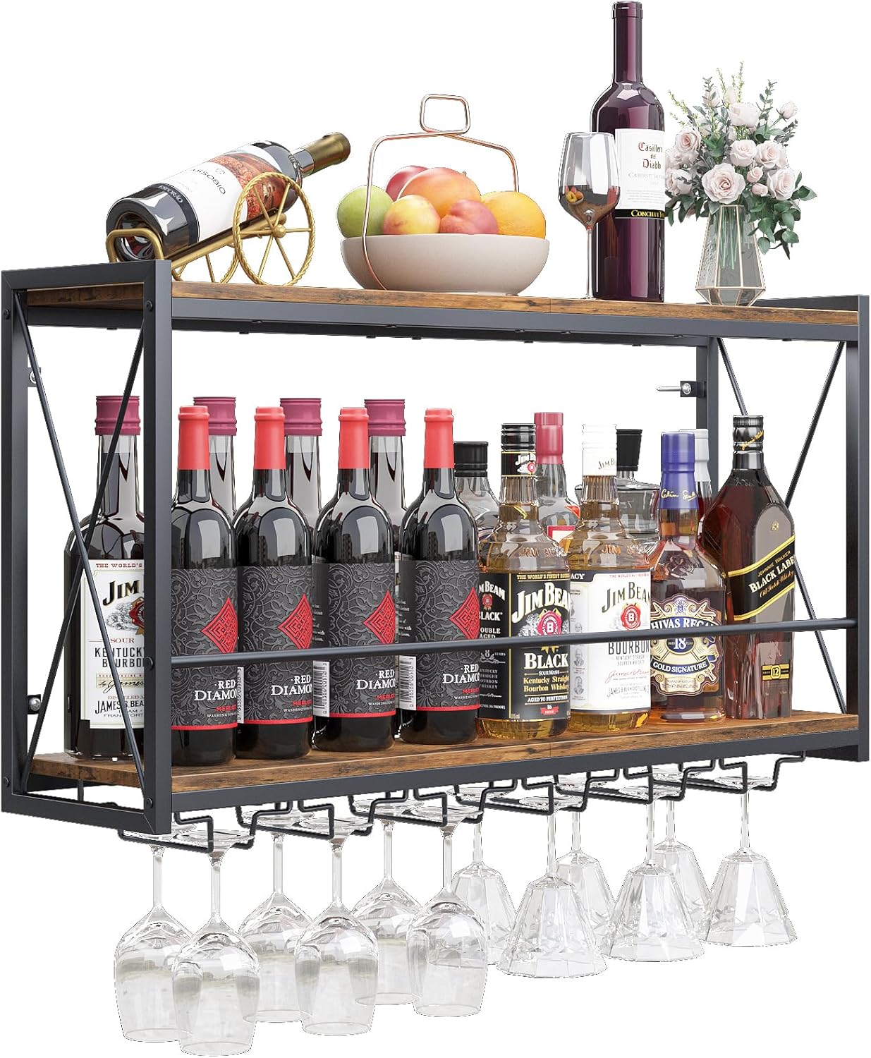 Dokser Wine Rack Wall Mounted Shelf - Rustic 2 Tier Design