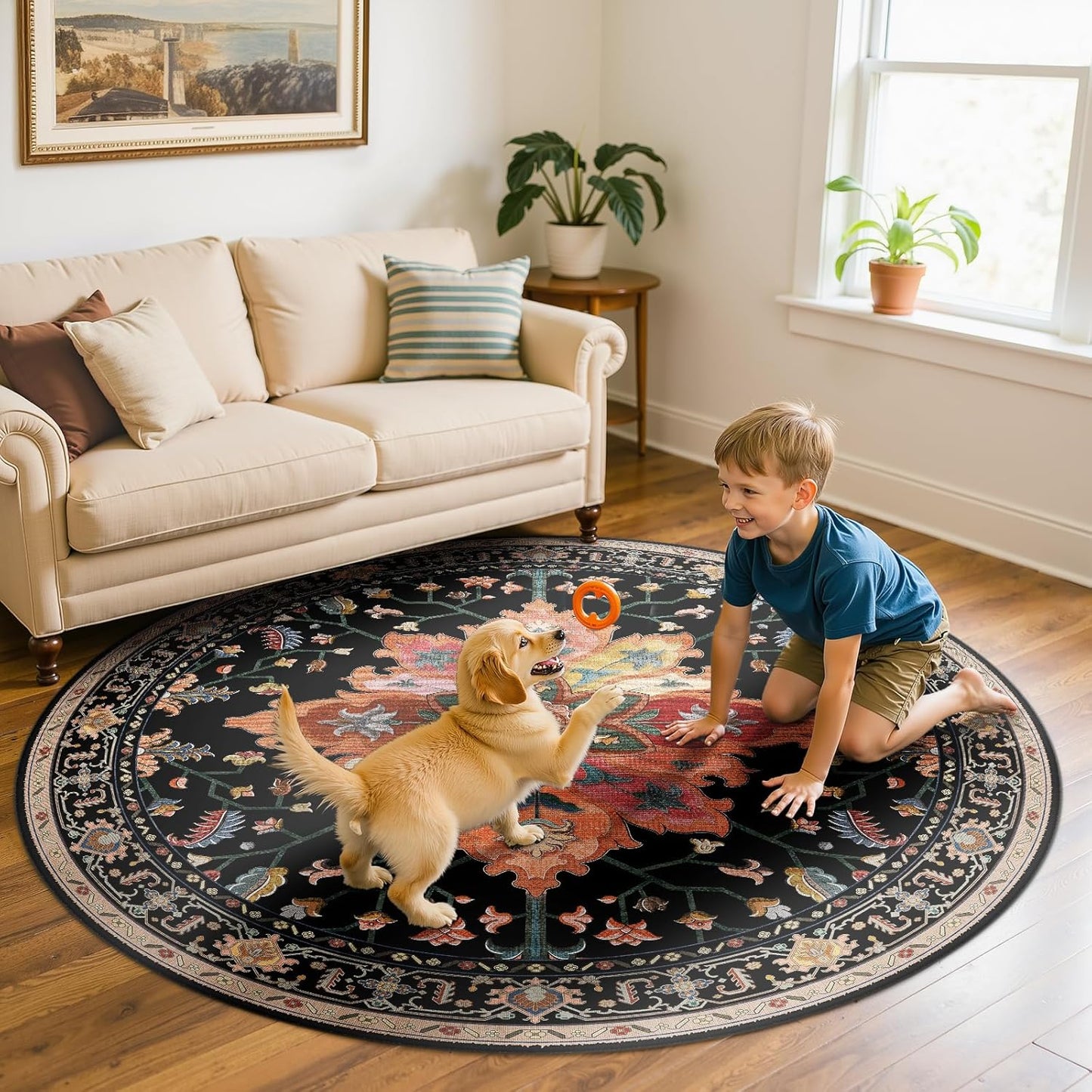 6ft Washable Non-Slip Area Rugs with Floral Vintage Design