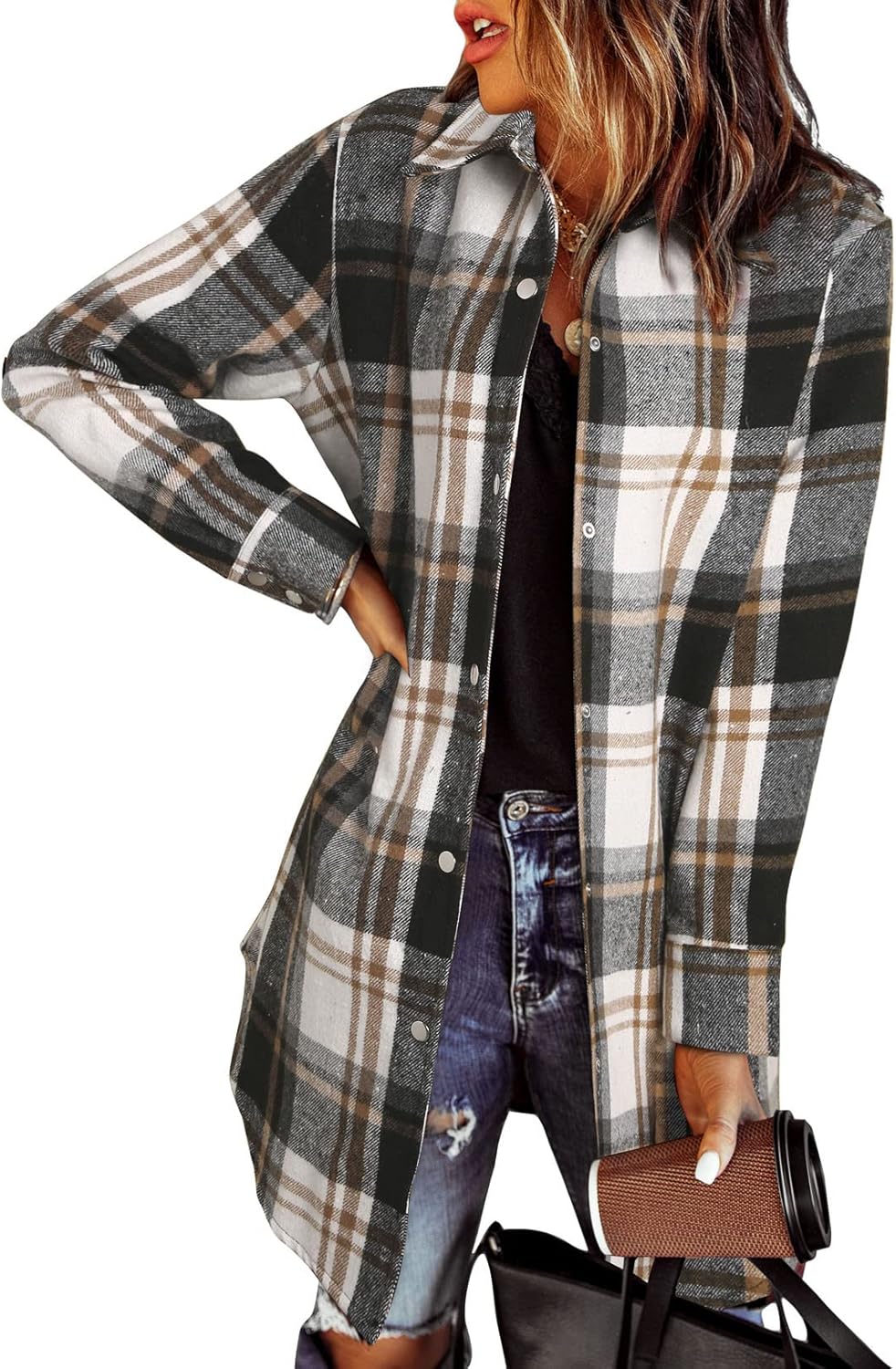EVALESS Color Block Plaid Shacket Jacket for Women in Fall Fashion