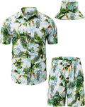 Mens Hawaiian Shirts and Shorts Set with Bucket Hat - 2-Piece Tropical