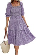 PRETTYGARDEN Women's Summer Casual Puff Sleeve Midi Dress - Flowy Boho