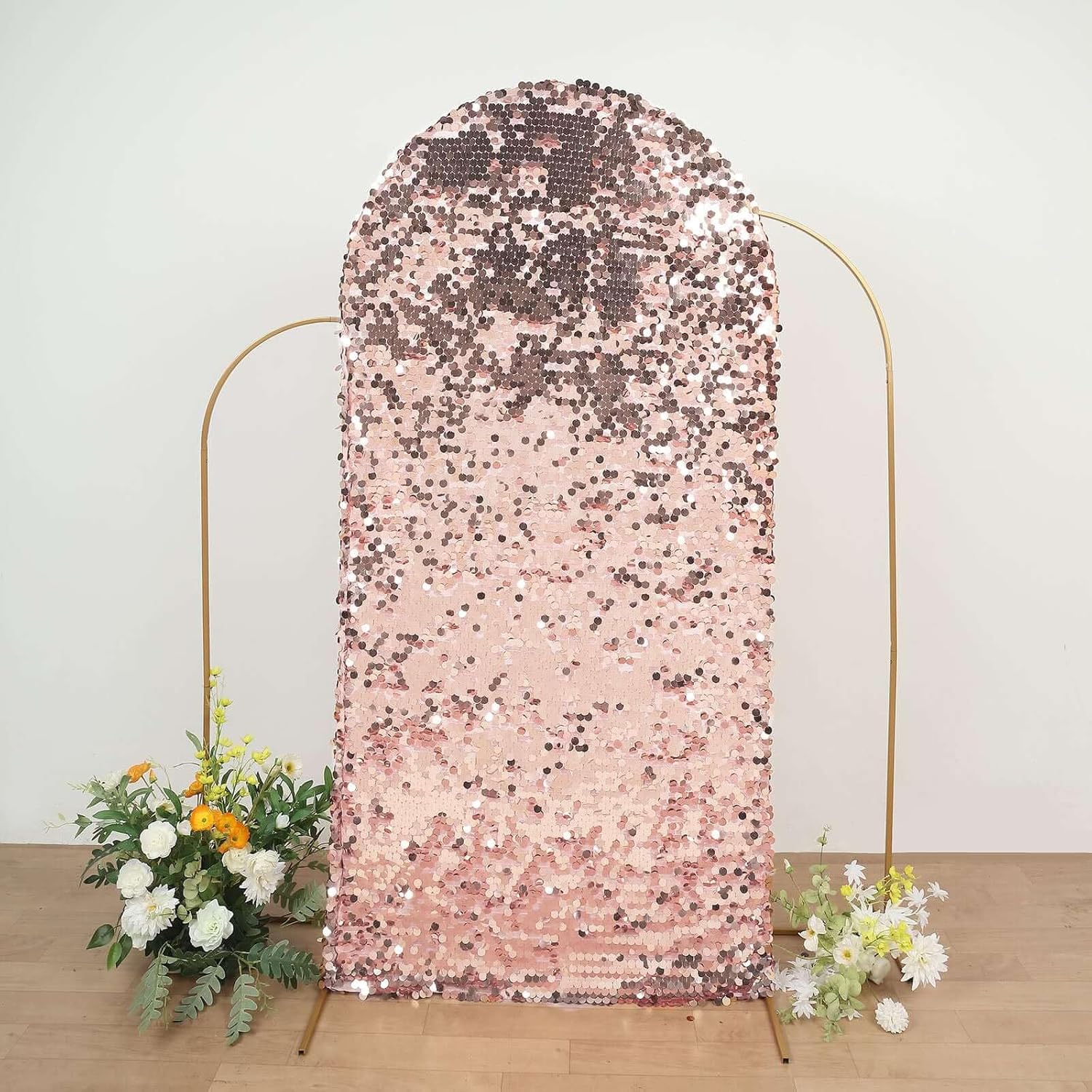 7ft Sparkly Blush/Rose Gold Sequin Round Top Wedding Arch Cover