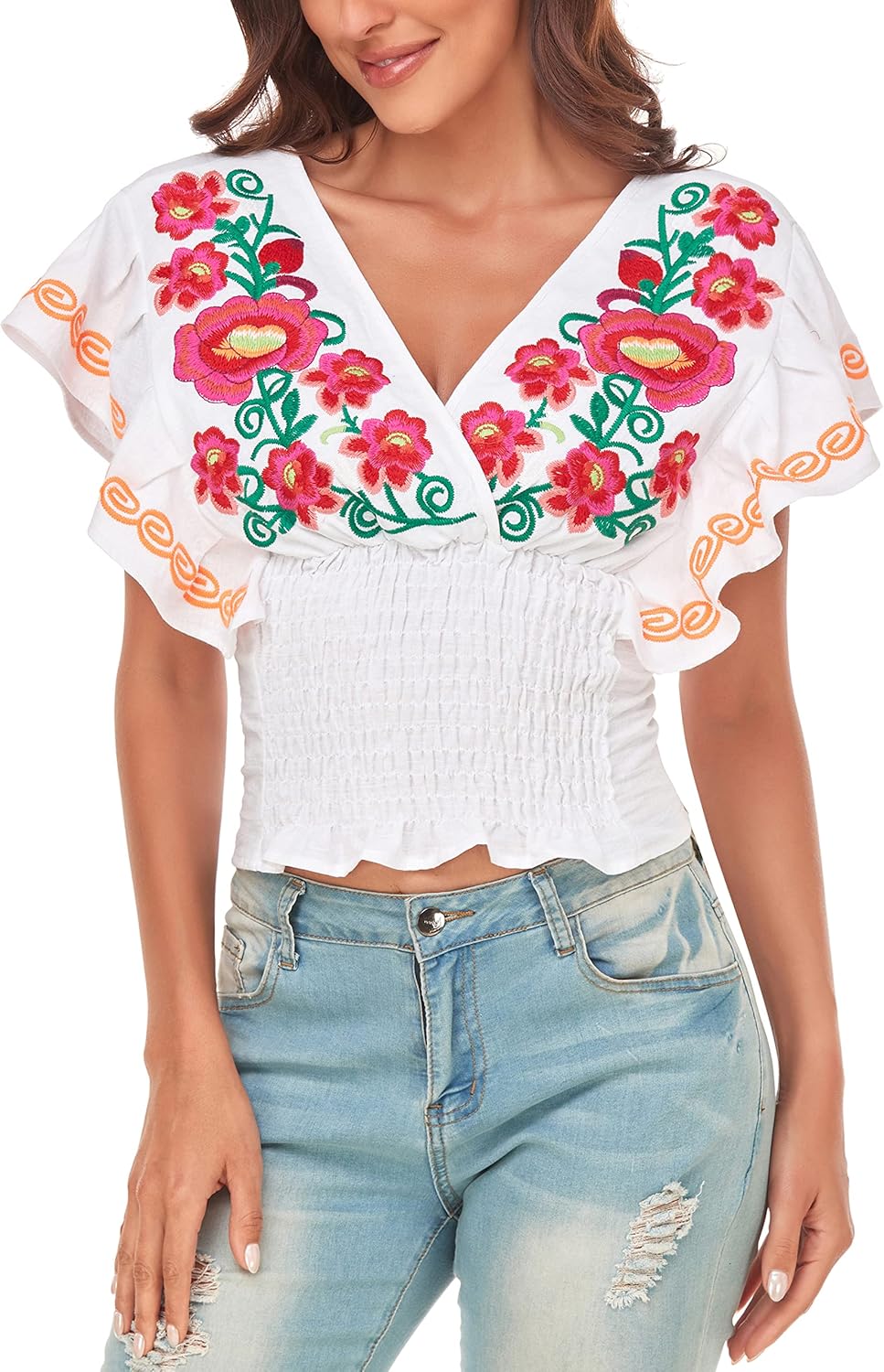 YZXDORWJ Women Mexican Embroidered Off-Shoulder Shirt Top