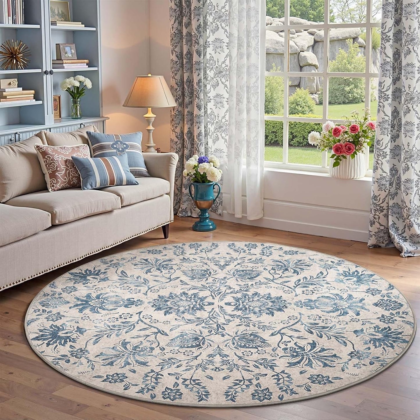 Classic Floral Round Rug 6ft - Vintage-Inspired Design for Home