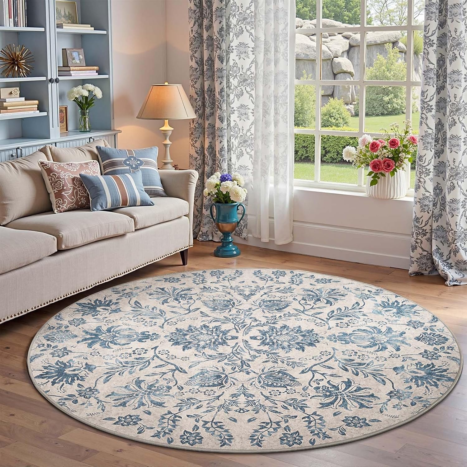 Classic Floral Round Rug 6ft - Vintage-Inspired Design for Home