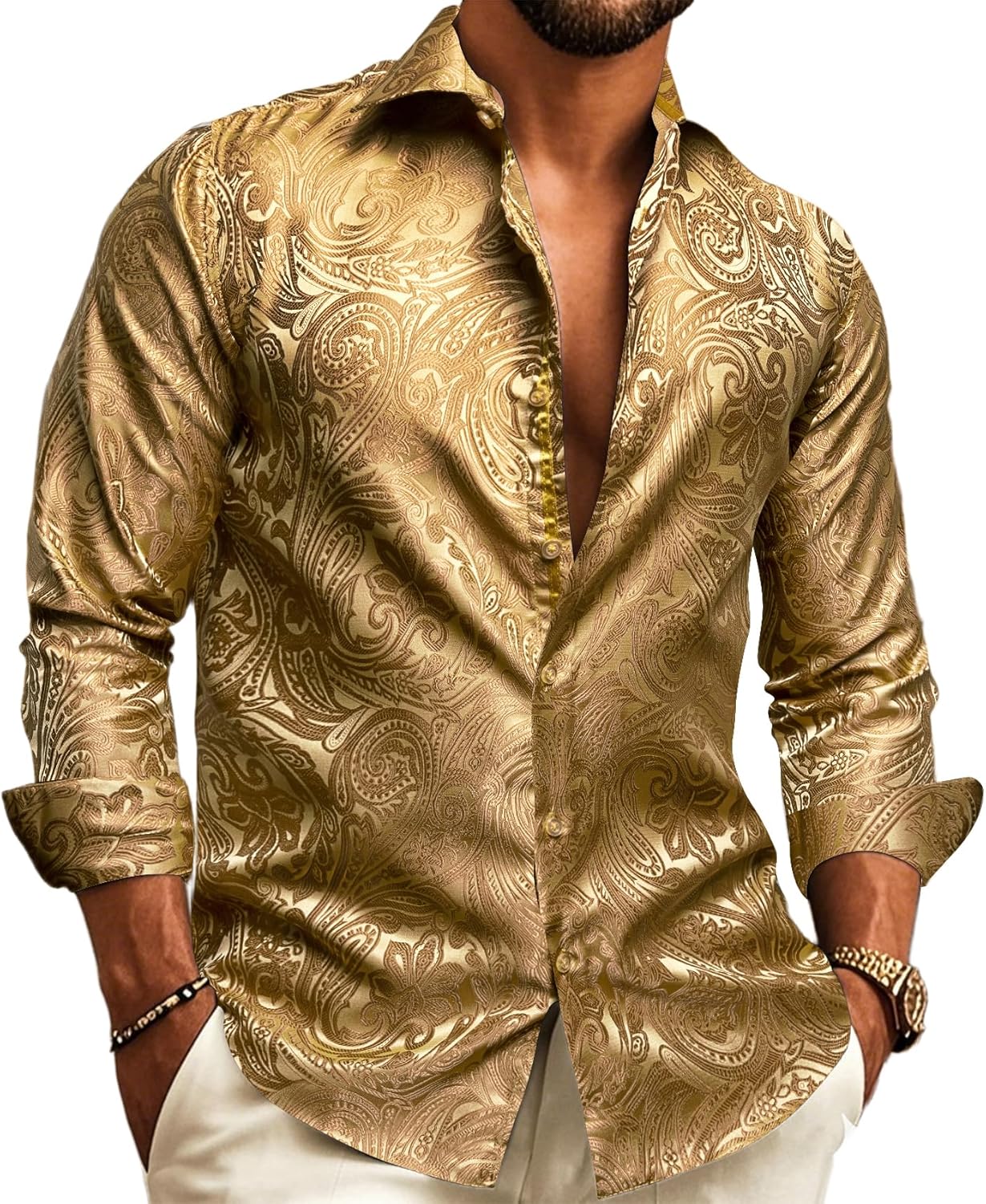 Barry.Wang Mens Western Shirts Silk Paisley Long Sleeve Style