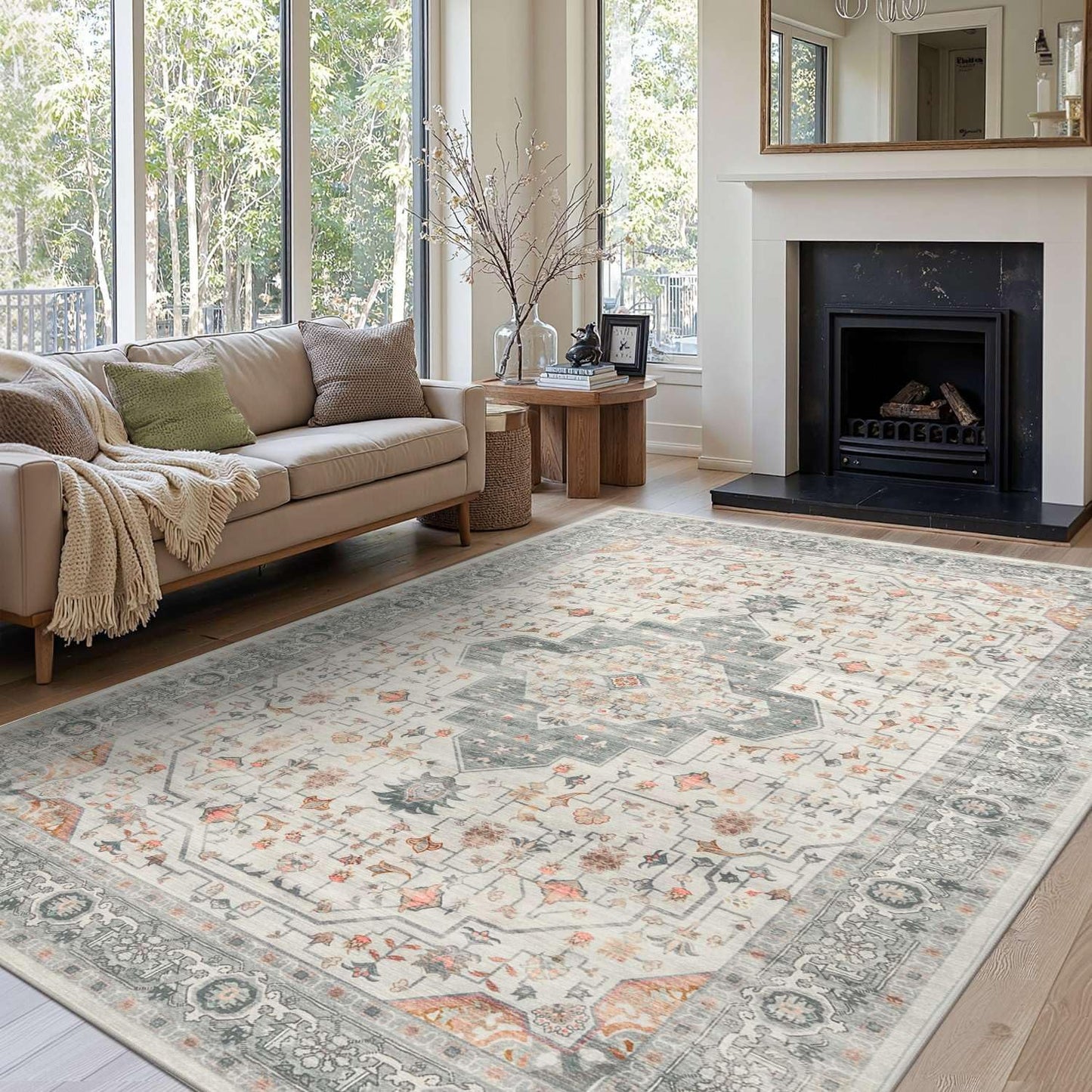 8x10 Washable Area Rug for Living Room, Vintage Neutral Boho