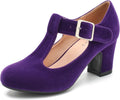 Women's T-Strap Mary Jane Pumps Low Block Heels - Suede Look