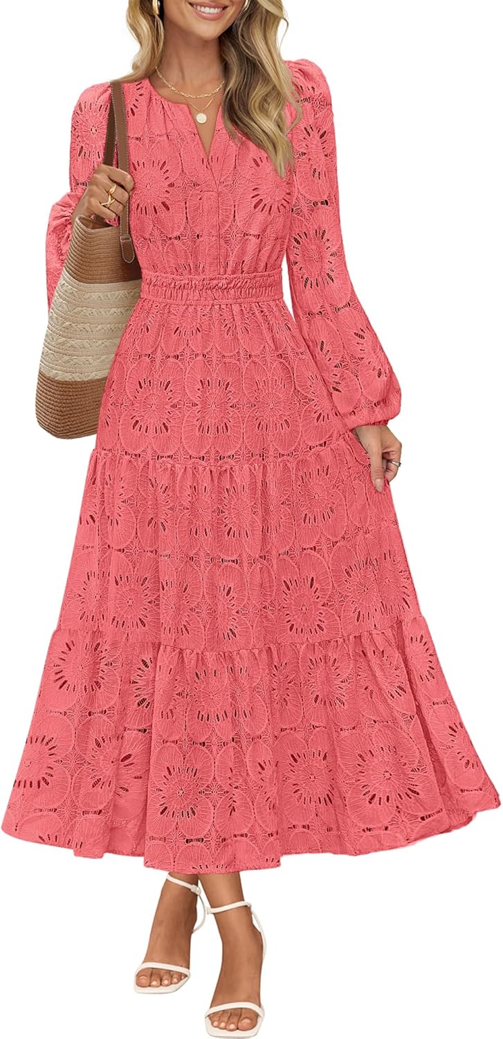Elegant Women's Floral Maxi Dress with Lace Eyelet Detailing