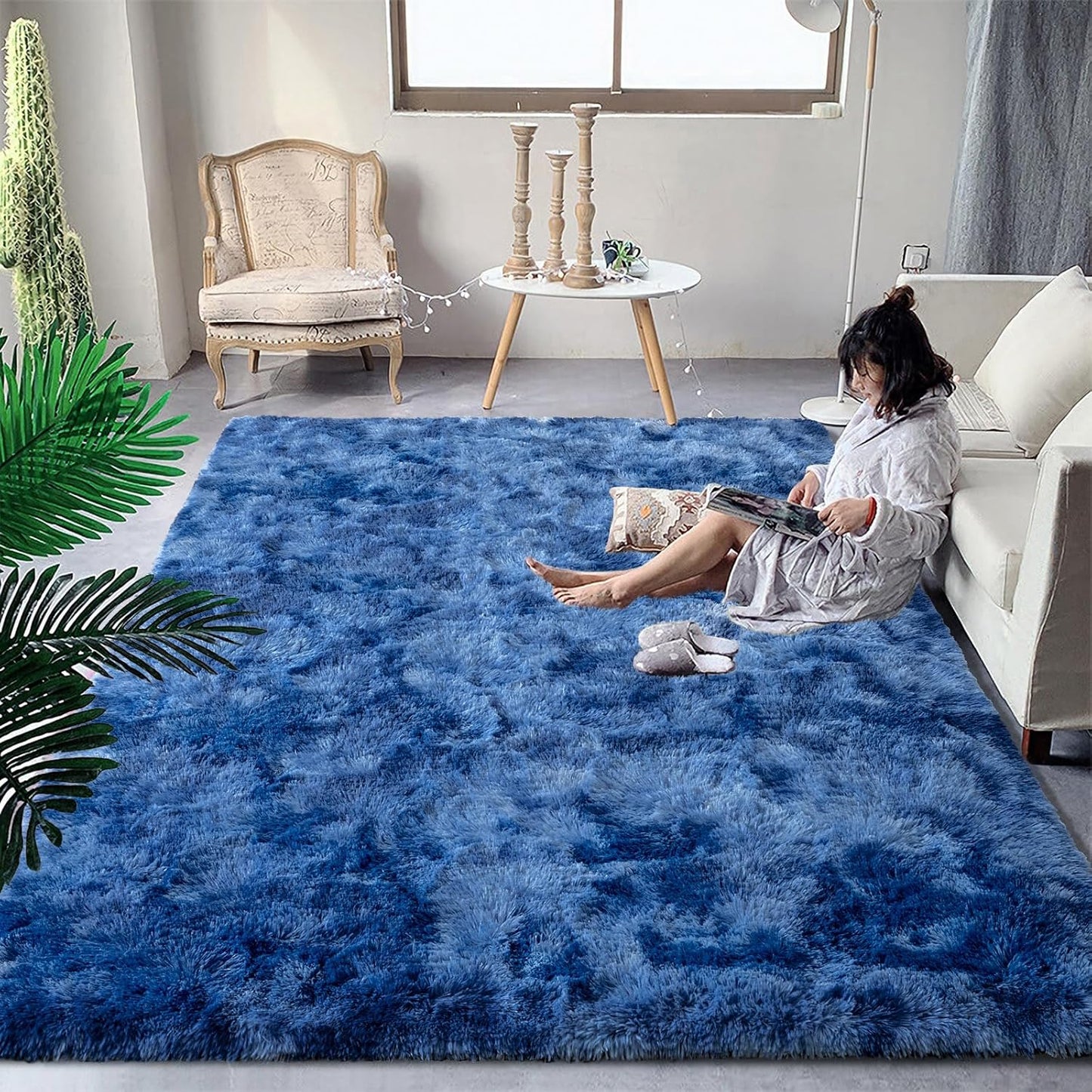 Fluffy Navy Blue Shag Rugs for Bedroom and Living Room Decor