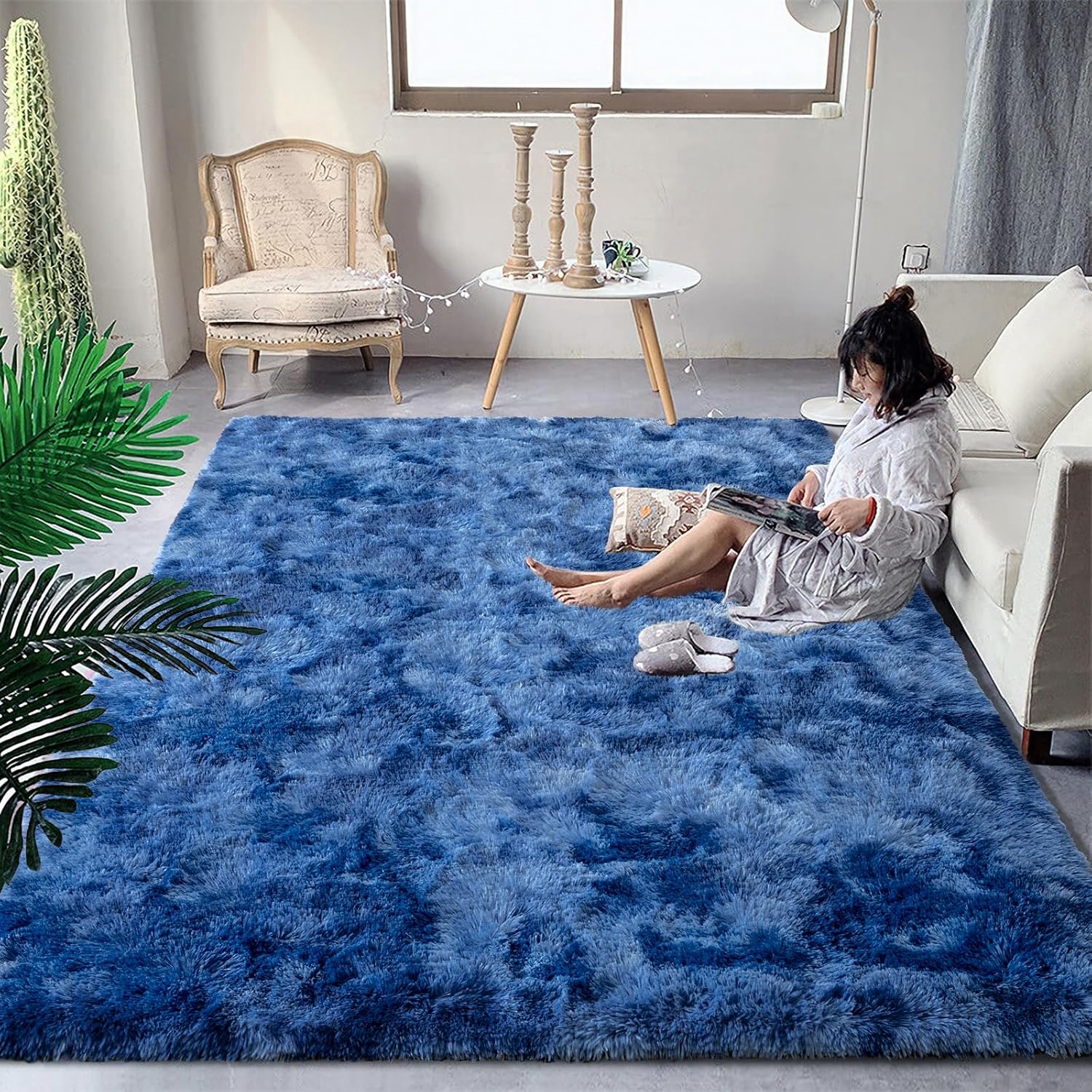 Fluffy Navy Blue Shag Rugs for Bedroom and Living Room Decor